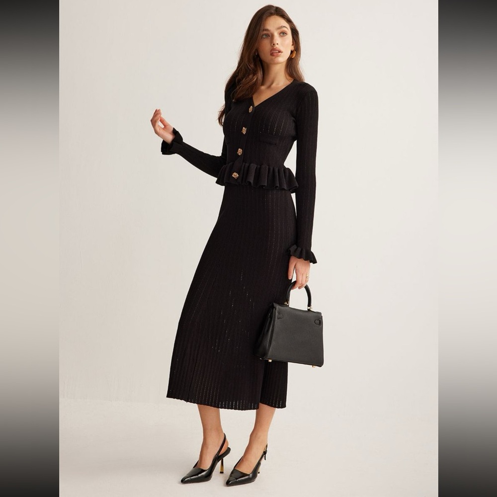 Commense Black Knit Slim Ruffle Sweater Dress